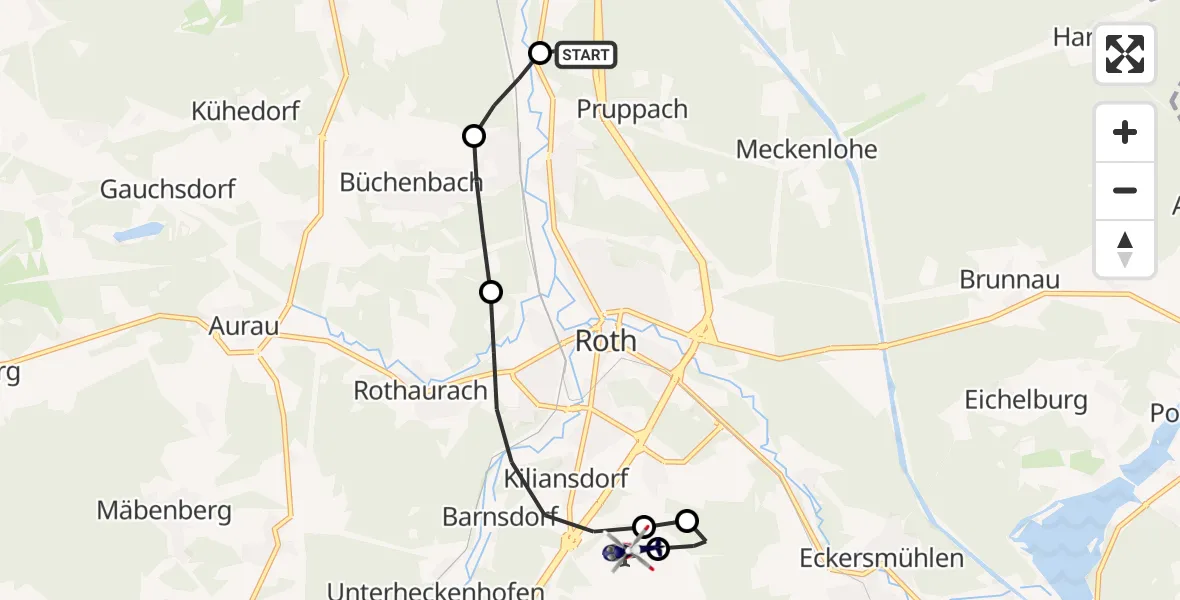 Routekaart van de vlucht: Polizeihubschrauber nach Flugplatz Roth