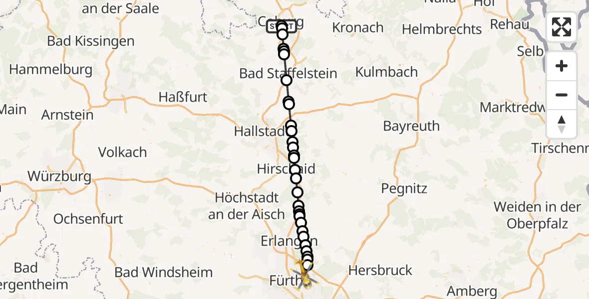 Flugroute Ambulanzhubschrauber Regiomed Hospital Coburg - Flughafen Nuremberg, 05 April 2026, 19:06