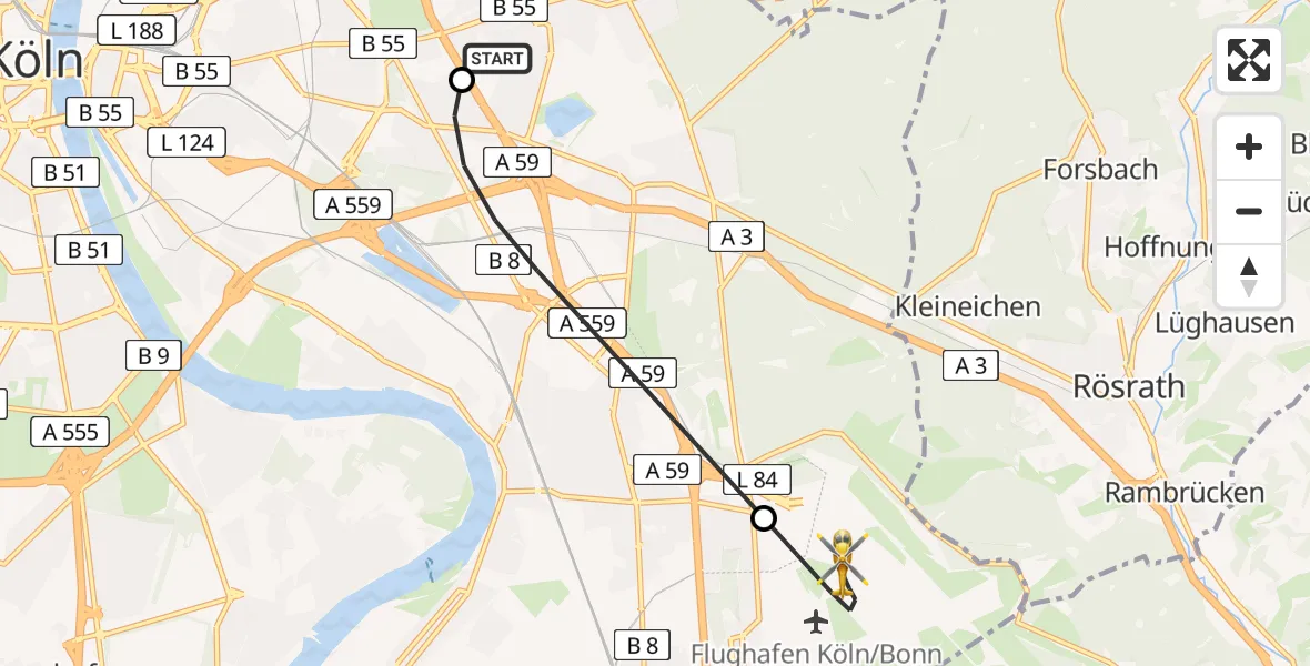 Flugroute Ambulanzhubschrauber Merheim Hospital - Köln Bonn Flughafen, 05 April 2026, 19:23