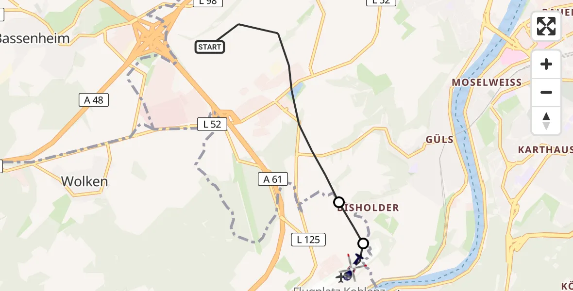Flugroute Polizeihubschrauber Koblenz - Koblenz-Winningen Flugplatz, 05 April 2026, 21:37