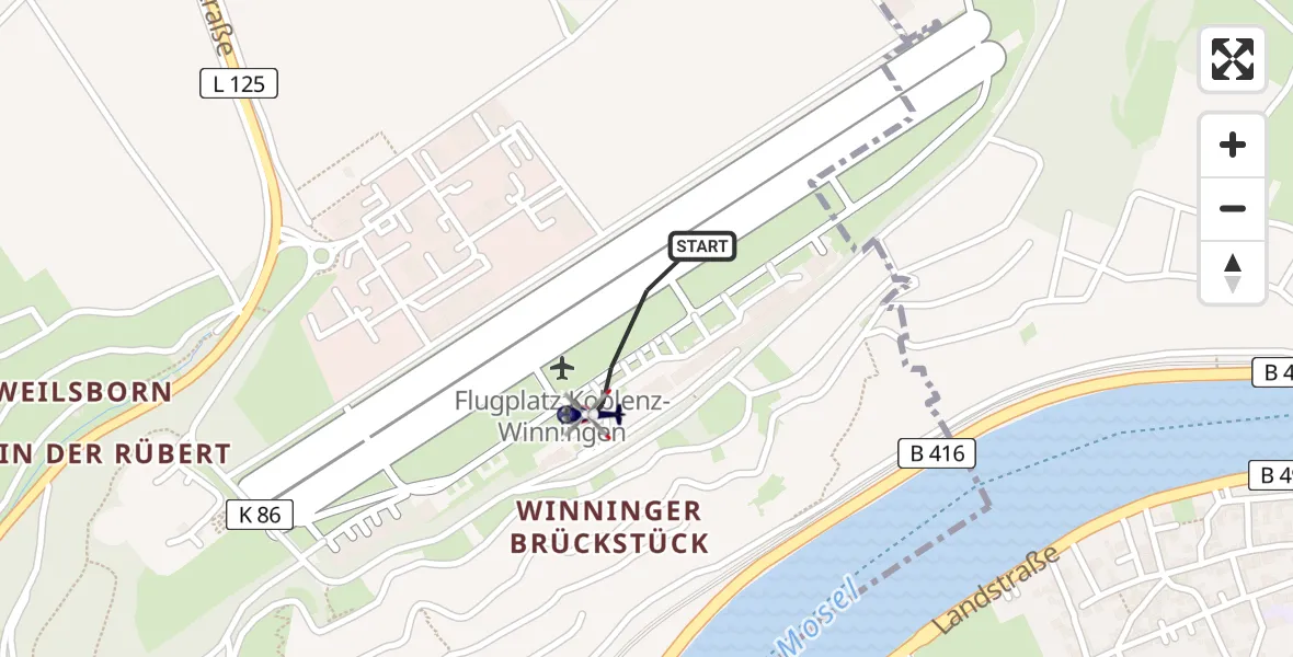 Flugroute Polizeihubschrauber Koblenz-Winningen Flugplatz - Koblenz-Winningen Flugplatz, 05 April 2026, 21:41