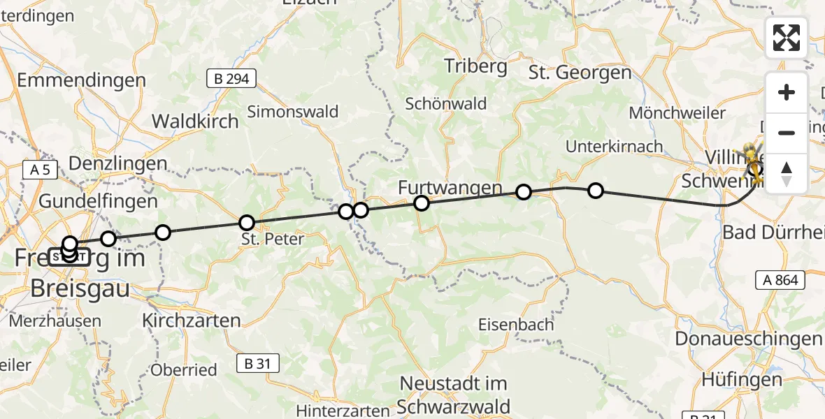 Flugroute Rettungshubschrauber Freiburg University Hospital Heliport 1 - DRF Air Rescue Station Villingen-Schwenningen Hubschrauberlandeplatz (Christoph 11), 05 April 2026, 21:46