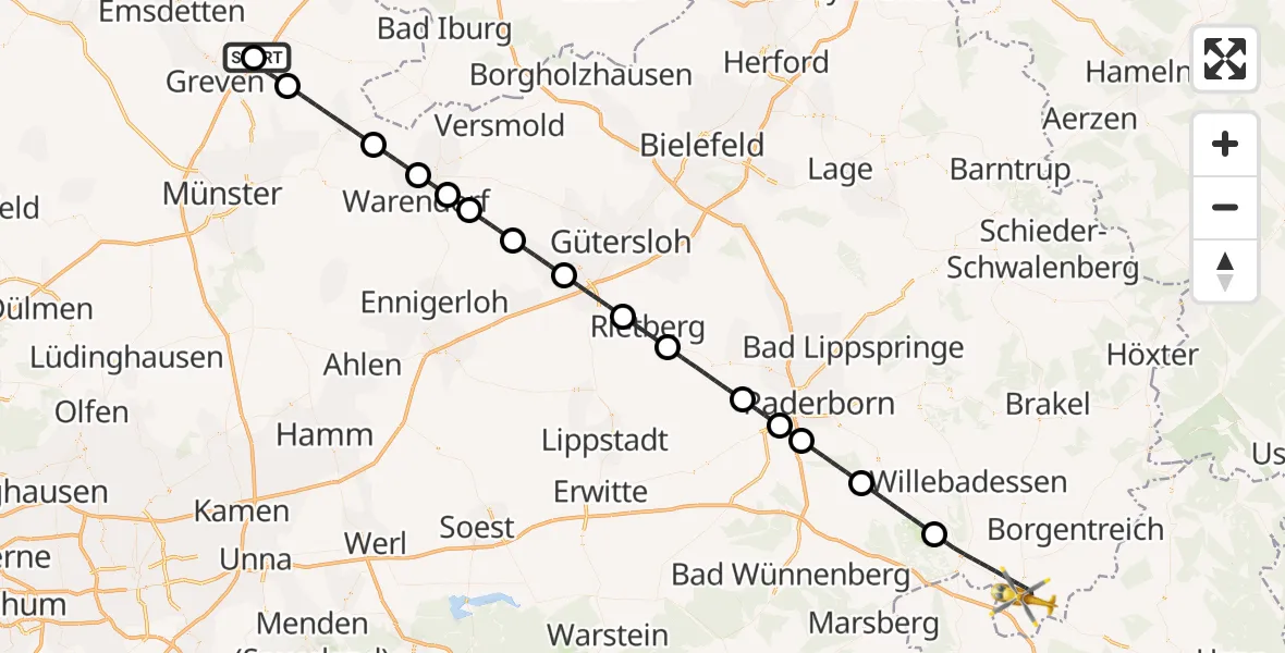 Flugroute Ambulanzhubschrauber Christoph  Westfalen-ADAC - Warburg, 05 April 2026, 23:03