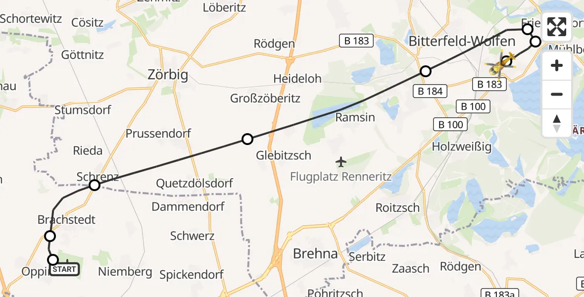 Flugroute Ambulanzhubschrauber Halle-Oppin Flugplatz - Bitterfield-Wolfen Health Center Hubschrauberlandeplatz, 05 April 2026, 23:04