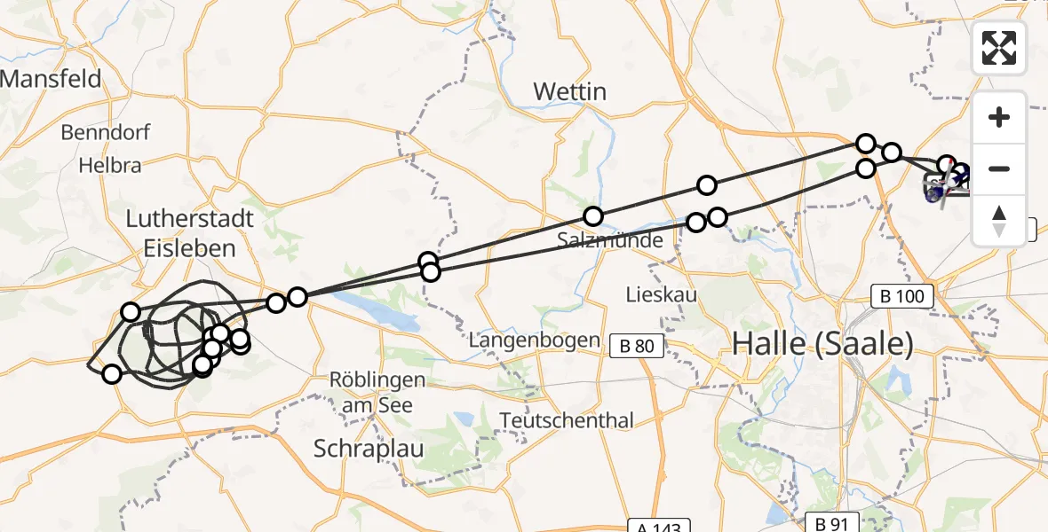 Flugroute Polizeihubschrauber Halle-Oppin Flugplatz - Halle-Oppin Flugplatz, 06 April 2026, 00:05