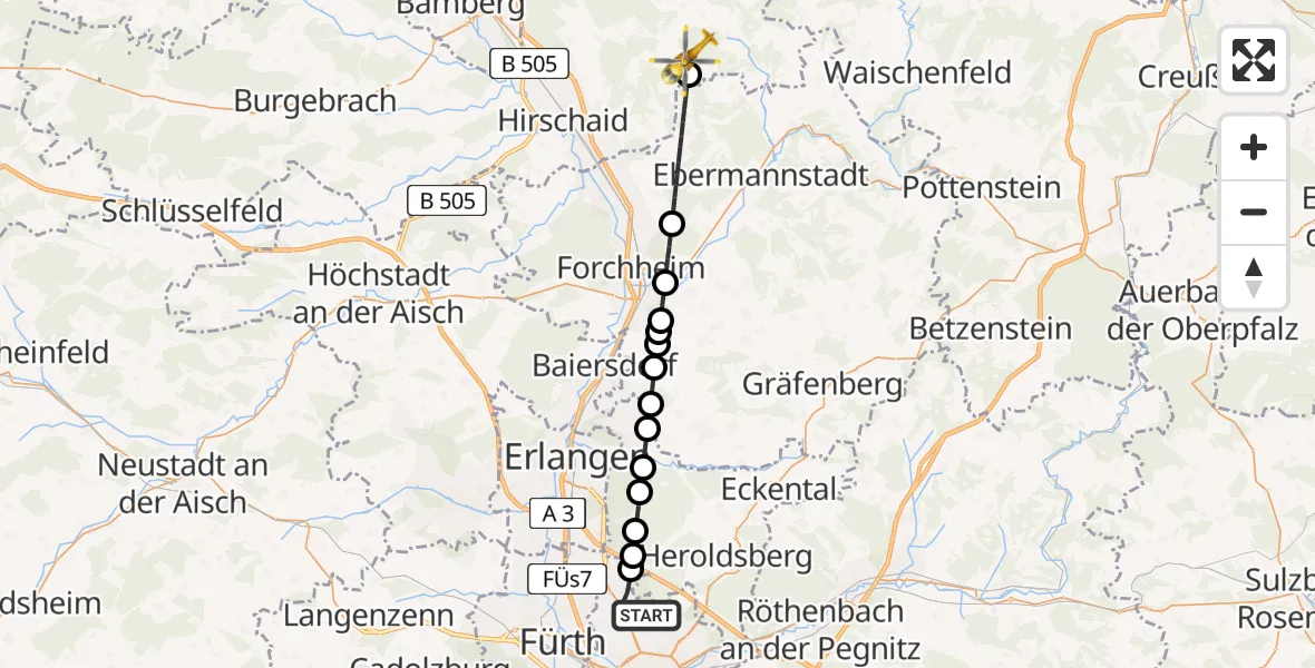 Flugroute Ambulanzhubschrauber Flughafen Nuremberg - Heiligenstadt i.OFr., 06 April 2026, 04:50