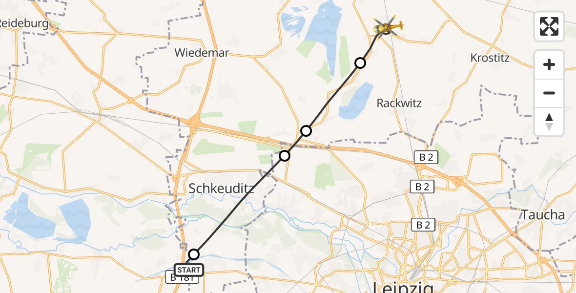 Flugroute Rettungshubschrauber ADAC Air Rescue Station Leipzig/Schkeuditz-Dölzig Hubschrauberlandeplatz (Christoph 61) - Rackwitz, 06 April 2026, 06:21