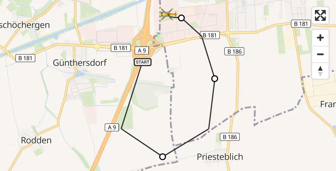 Flugroute Rettungshubschrauber Leuna - ADAC Air Rescue Station Leipzig/Schkeuditz-Dölzig Hubschrauberlandeplatz (Christoph 61), 06 April 2026, 06:25