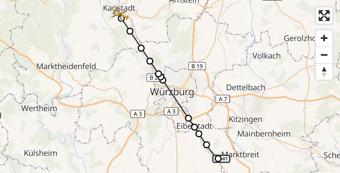 Flugroute Rettungshubschrauber Ochsenfurt Hospital - Karlstadt, 06 April 2026, 06:39