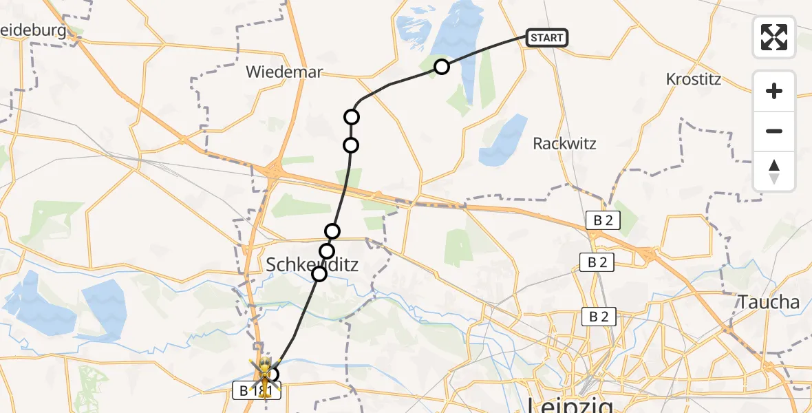 Flugroute Rettungshubschrauber Rackwitz - ADAC Air Rescue Station Leipzig/Schkeuditz-Dölzig Hubschrauberlandeplatz (Christoph 61), 06 April 2026, 06:54