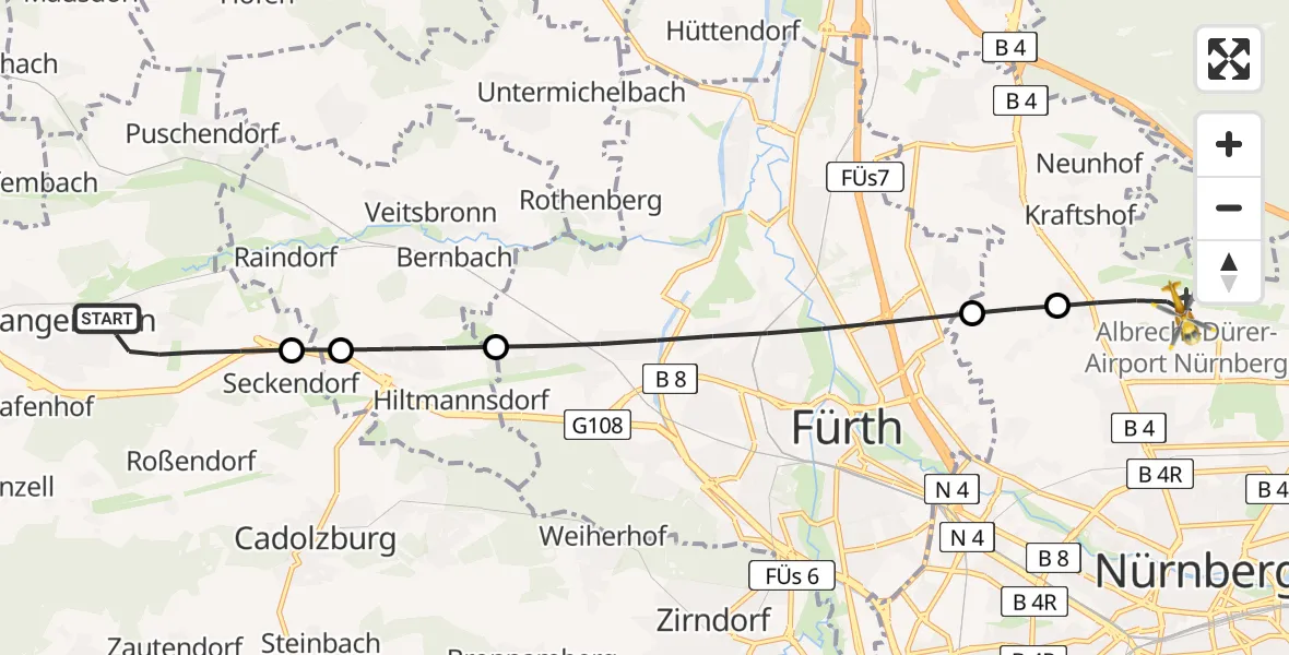Flugroute Ambulanzhubschrauber Langenzenn - Flughafen Nuremberg, 06 April 2026, 07:06