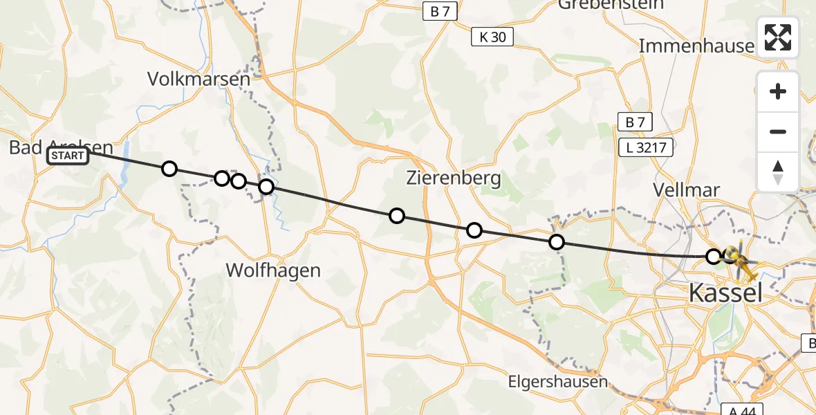Flugroute Rettungshubschrauber Bad Arolsen - Kassel, 06 April 2026, 07:29