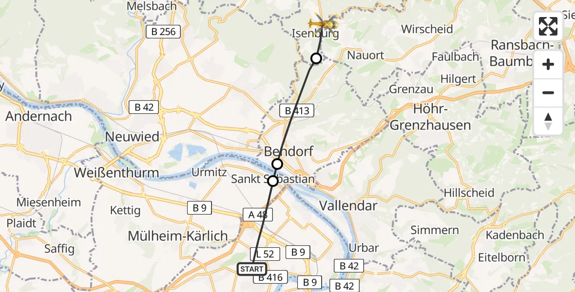 Flugroute Rettungshubschrauber Koblenz - Isenburg, 06 April 2026, 07:38
