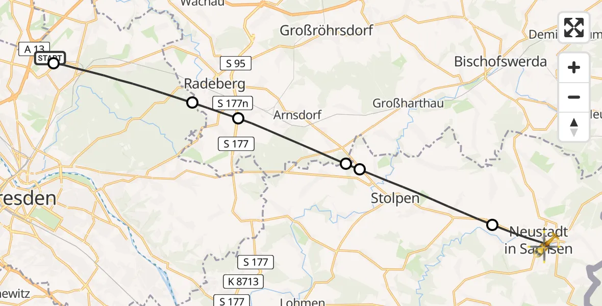 Flugroute Rettungshubschrauber Dresden Flughafen - Neustadt in Sachsen, 06 April 2026, 08:21