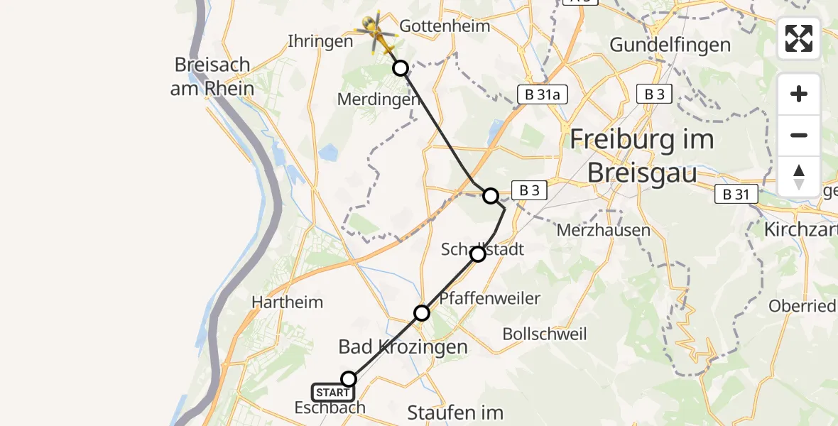 Flugroute Rettungshubschrauber Eschbach - Ihringen, 06 April 2026, 08:37