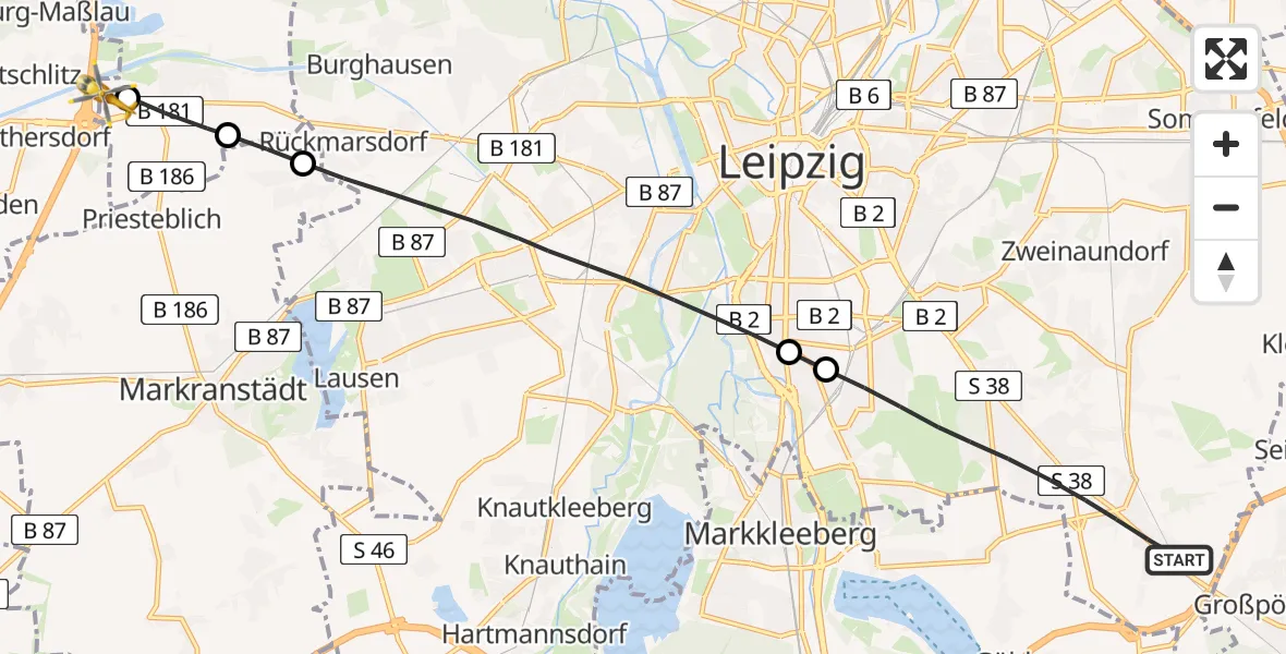 Flugroute Rettungshubschrauber Leipzig - ADAC Air Rescue Station Leipzig/Schkeuditz-Dölzig Hubschrauberlandeplatz (Christoph 61), 06 April 2026, 08:41