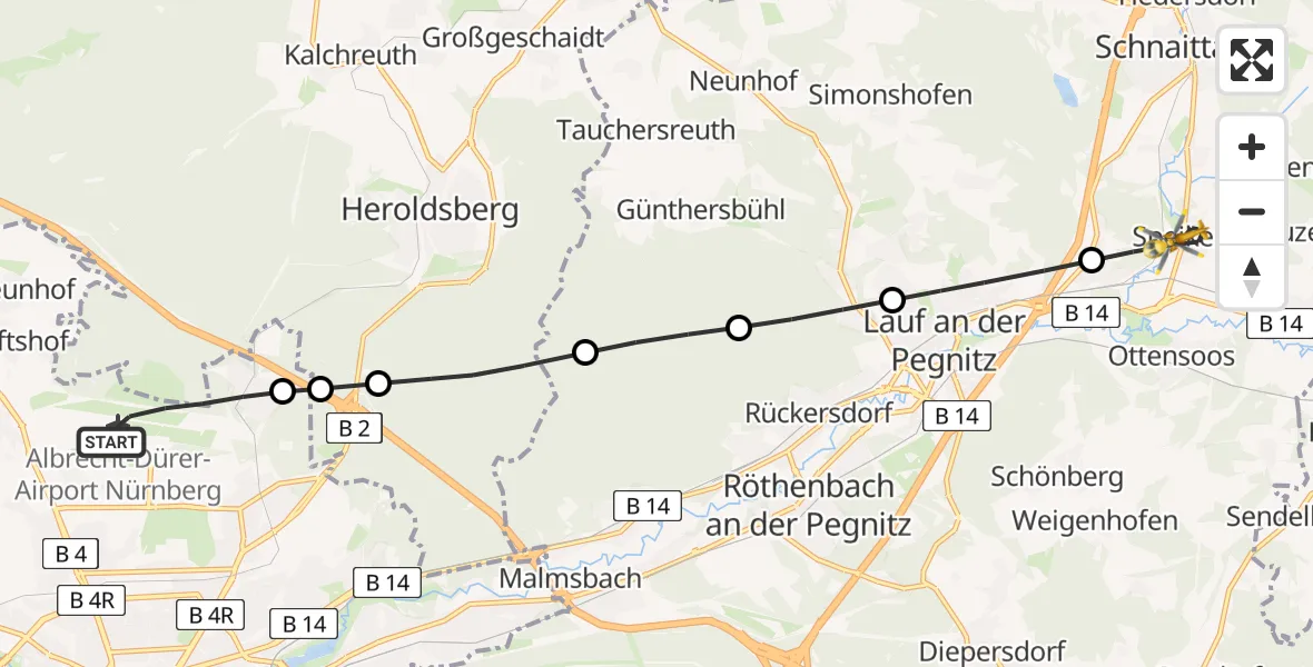 Flugroute Rettungshubschrauber Flughafen Nuremberg - Neunkirchen a.Sand, 06 April 2026, 08:51