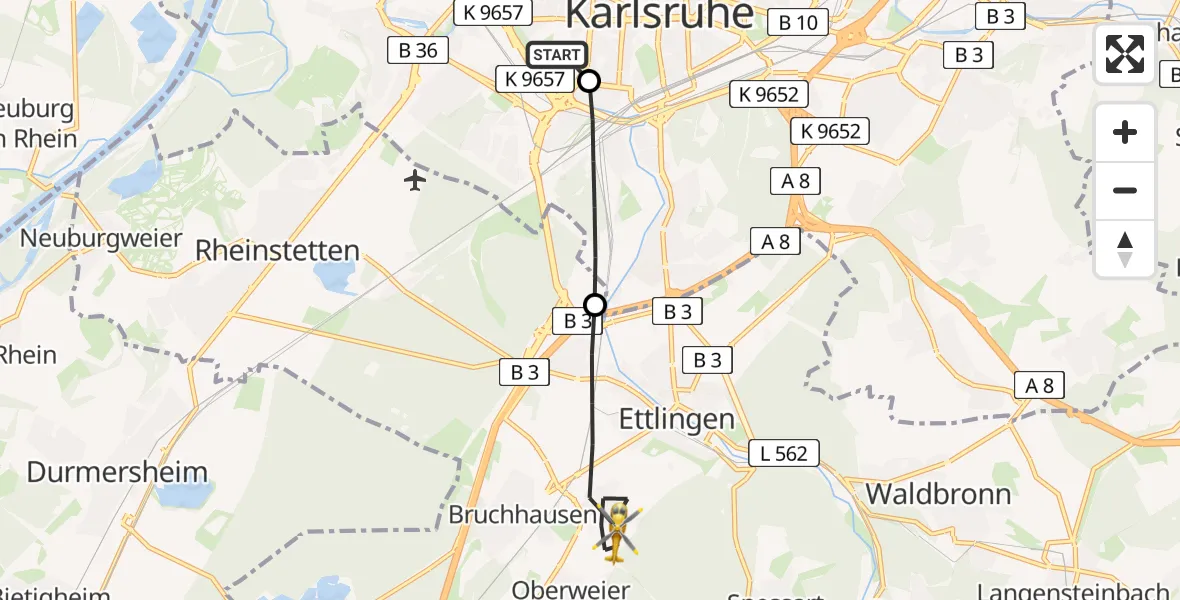 Flugroute Rettungshubschrauber Sankt Vincentius Hospital - Ettlingen, 06 April 2026, 08:52