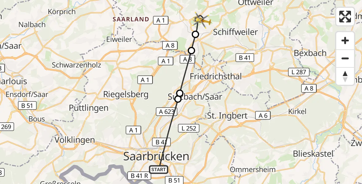 Flugroute Rettungshubschrauber Saarbrücken - Illingen, 06 April 2026, 08:56