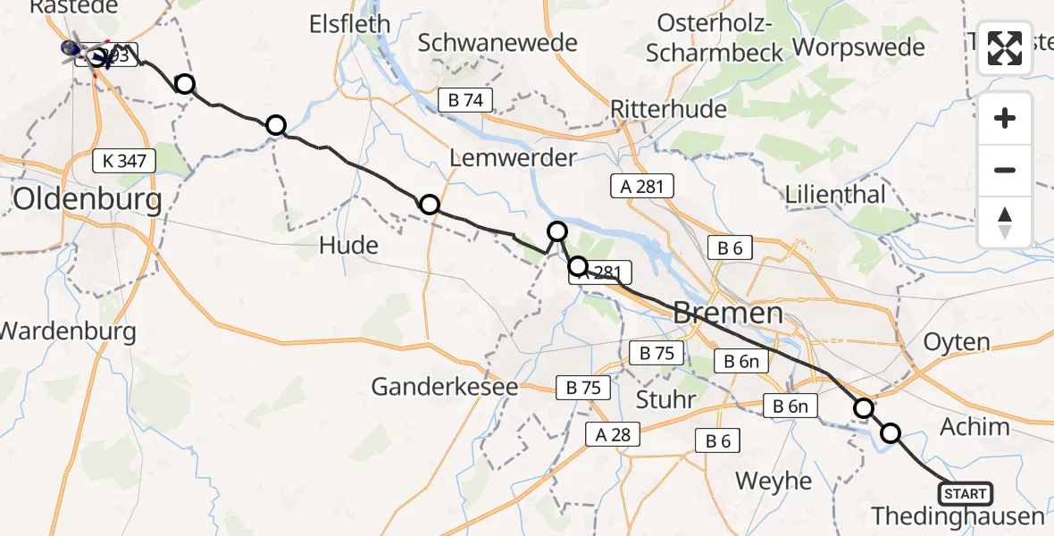 Flugroute Polizeihubschrauber Thedinghausen - Oldenburg Police Hubschrauberlandeplatz, 06 April 2026, 09:03