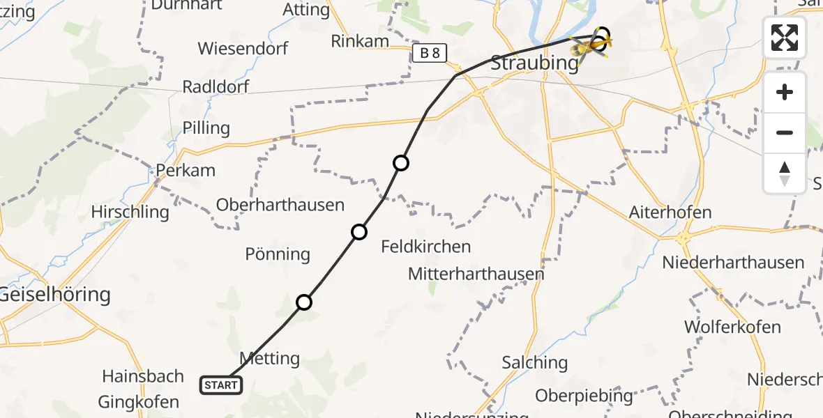 Flugroute Rettungshubschrauber Leiblfing - Sankt Elisabeth Hospital Straubing, 06 April 2026, 09:11