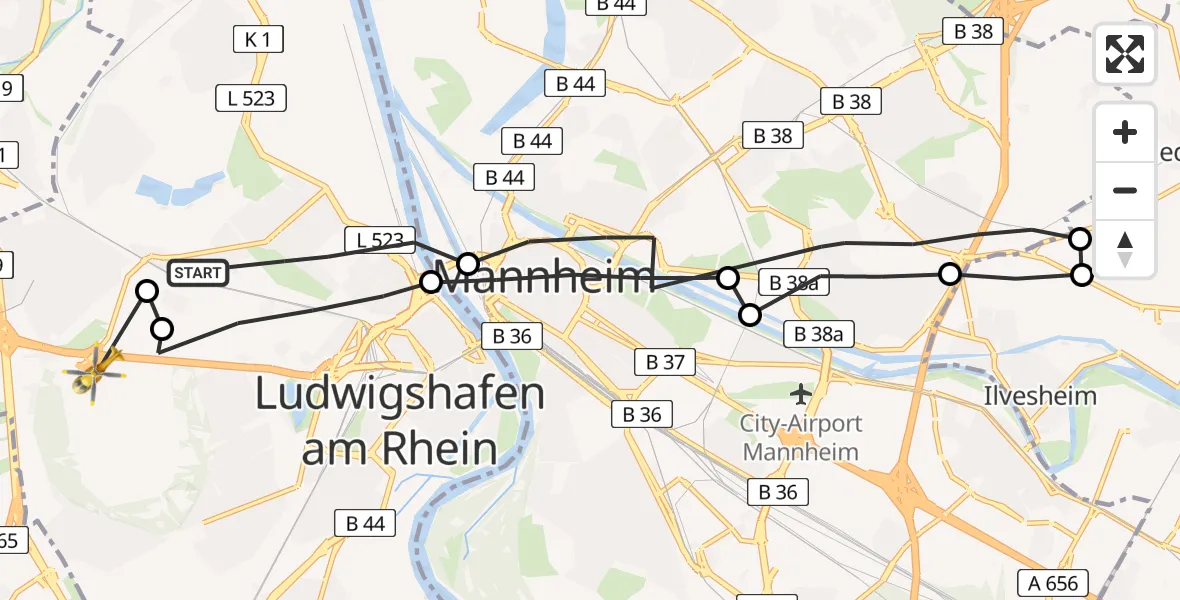 Flugroute Rettungshubschrauber Ludwigshafen am Rhein - Ludwigshafen am Rhein, 06 April 2026, 09:24