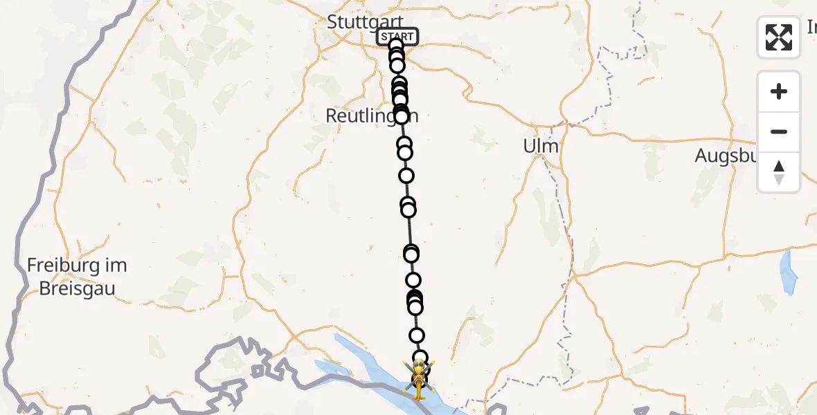 Flugroute Rettungshubschrauber Esslingen am Neckar - Friedrichshafen Hospital, 06 April 2026, 09:27