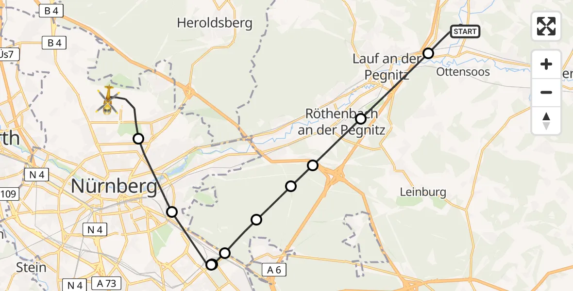 Flugroute Rettungshubschrauber Neunkirchen a.Sand - Flughafen Nuremberg, 06 April 2026, 09:32
