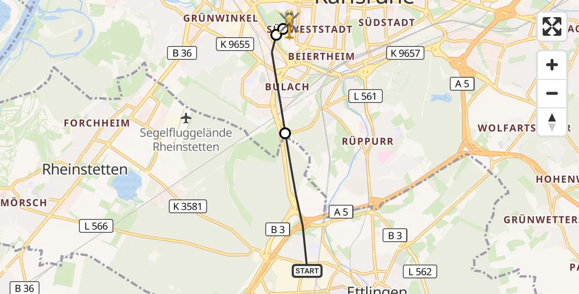 Flugroute Rettungshubschrauber Ettlingen - Sankt Vincentius Hospital, 06 April 2026, 09:48