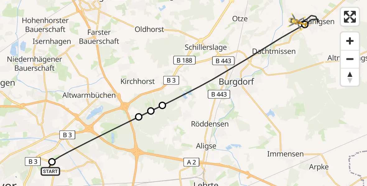 Flugroute Rettungshubschrauber Hannover Luftrettung Hubschrauberlandeplatz (Christoph 4) - Uetze, 06 April 2026, 09:52