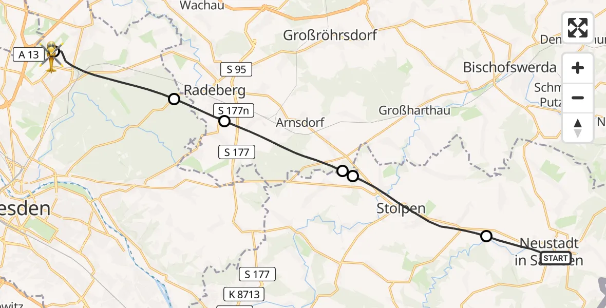 Flugroute Rettungshubschrauber Neustadt in Sachsen - Dresden Bundespolizei Hubschrauberlandeplatz, 06 April 2026, 09:59