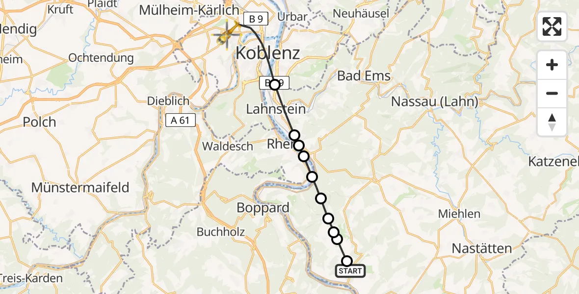 Flugroute Rettungshubschrauber Sankt Goarshausen - Koblenz, 06 April 2026, 10:01