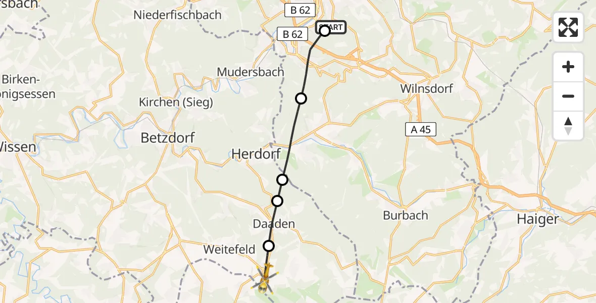 Flugroute Rettungshubschrauber Evangelisches Jung-Stilling Hospital - Friedewald, 06 April 2026, 10:02
