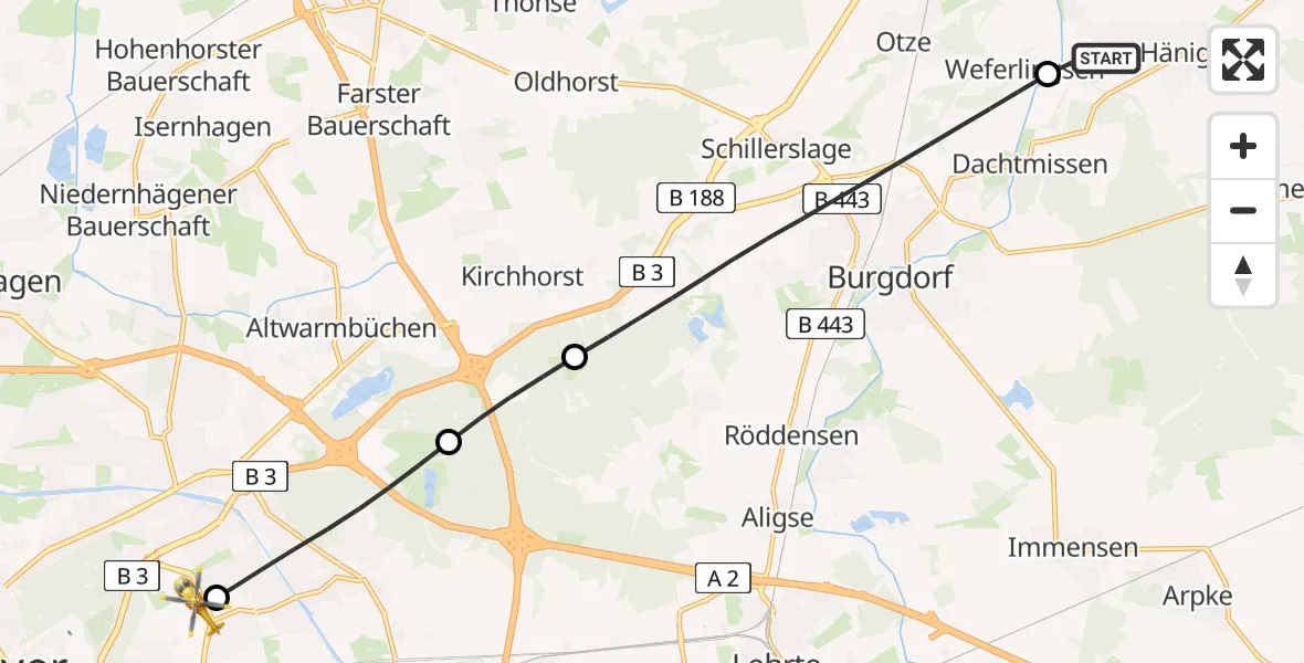 Flugroute Rettungshubschrauber Uetze - Hannover Luftrettung Hubschrauberlandeplatz (Christoph 4), 06 April 2026, 10:19