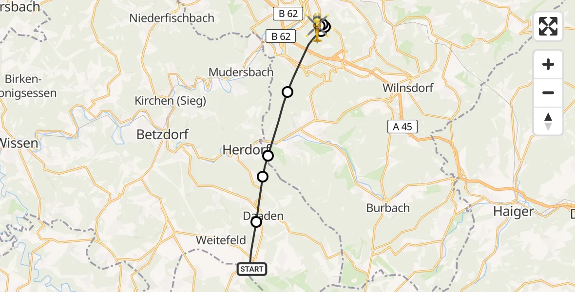 Flugroute Rettungshubschrauber Friedewald - Evangelisches Jung-Stilling Hospital, 06 April 2026, 10:29