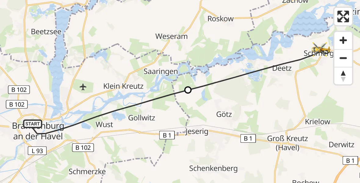 Flugroute Rettungshubschrauber Brandenburg an der Havel - Groß Kreutz (Havel), 06 April 2026, 10:38