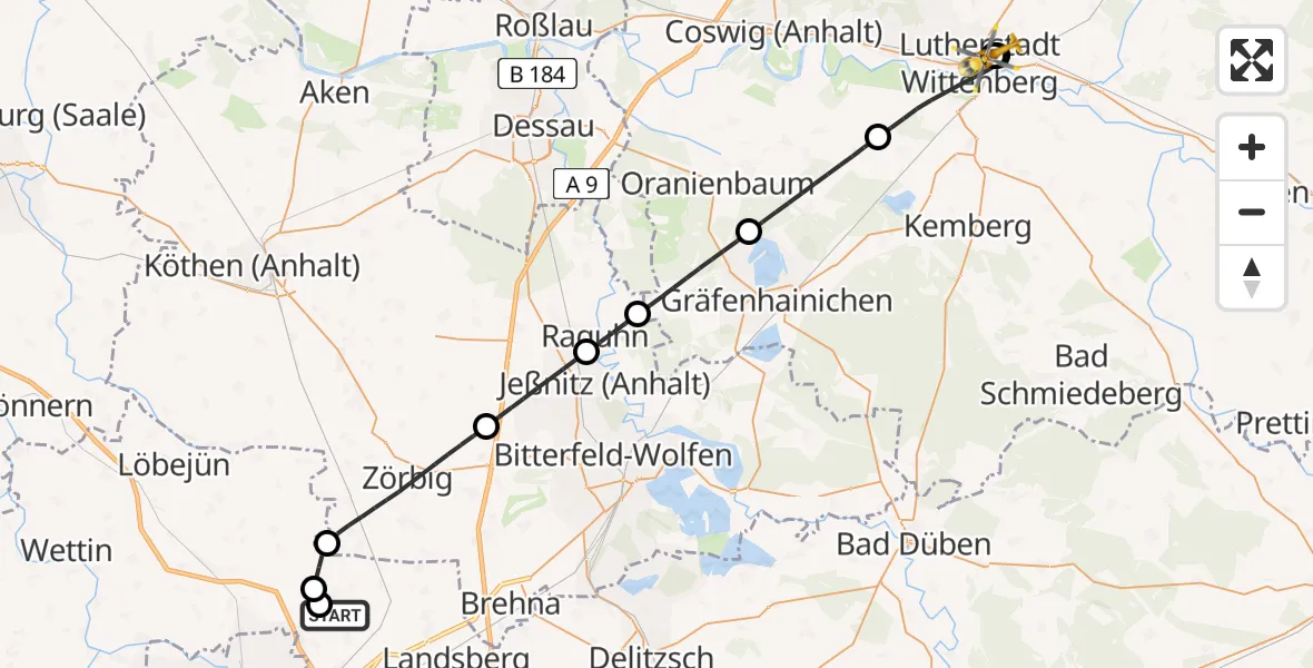 Flugroute Ambulanzhubschrauber Halle-Oppin Flugplatz - Paul-Gerhardt-Stift Evangelical Hospital, 06 April 2026, 10:47