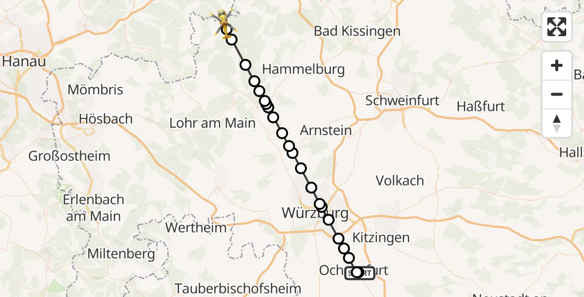 Flugroute Rettungshubschrauber Ochsenfurt Hospital - Obersinn, 06 April 2026, 10:53