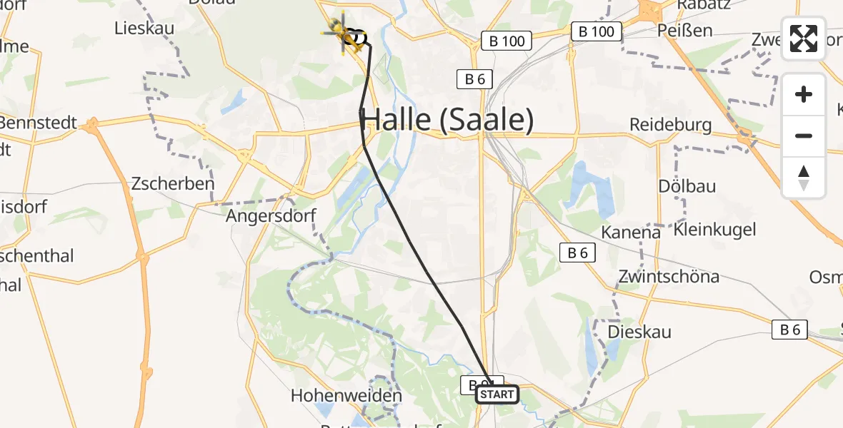 Flugroute Rettungshubschrauber Halle (Saale) - Halle (Saale) University Hospital, 06 April 2026, 11:13