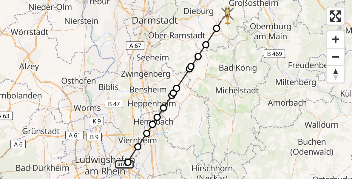 Flugroute Rettungshubschrauber Mannheim-City Flughafen - Groß-Umstadt, 06 April 2026, 11:25