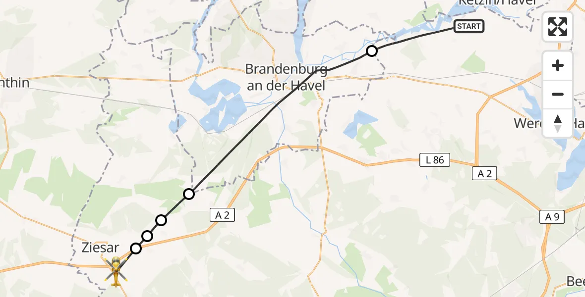 Flugroute Rettungshubschrauber Groß Kreutz (Havel) - Ziesar, 06 April 2026, 11:27
