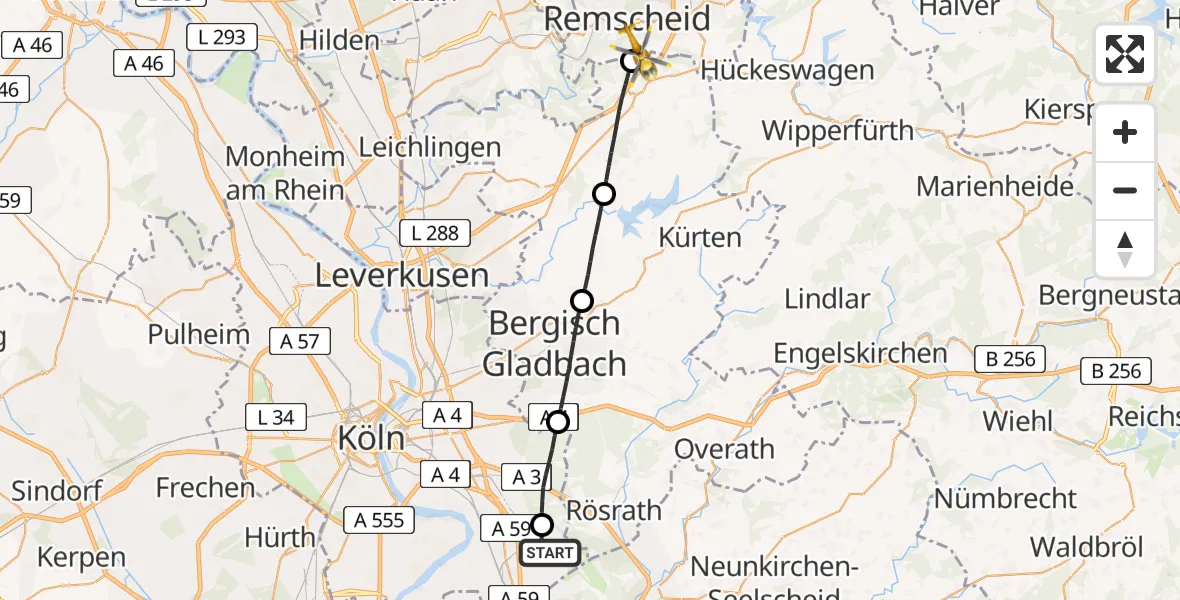 Flugroute Rettungshubschrauber Köln Bonn Flughafen - Remscheid, 06 April 2026, 11:48