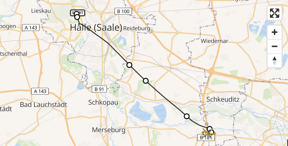 Flugroute Rettungshubschrauber Halle (Saale) University Hospital - ADAC Air Rescue Station Leipzig/Schkeuditz-Dölzig Hubschrauberlandeplatz (Christoph 61), 06 April 2026, 11:48