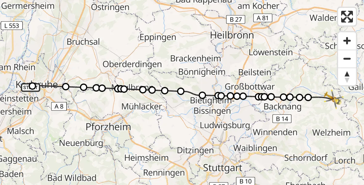 Flugroute Rettungshubschrauber Sankt Vincentius Hospital - Murrhardt, 06 April 2026, 12:01