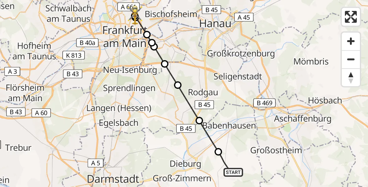 Flugroute Rettungshubschrauber Groß-Umstadt - Frankfurt am Main Accident Hospital Roof, 06 April 2026, 12:10