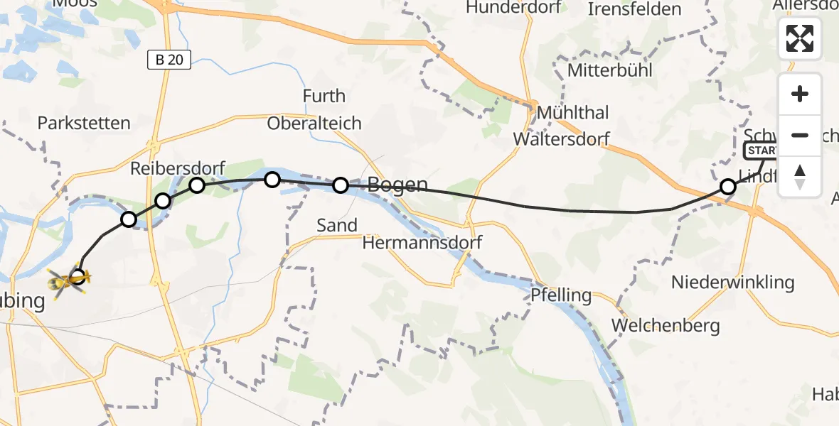 Flugroute Rettungshubschrauber Schwarzach - Sankt Elisabeth Hospital Straubing, 06 April 2026, 12:11
