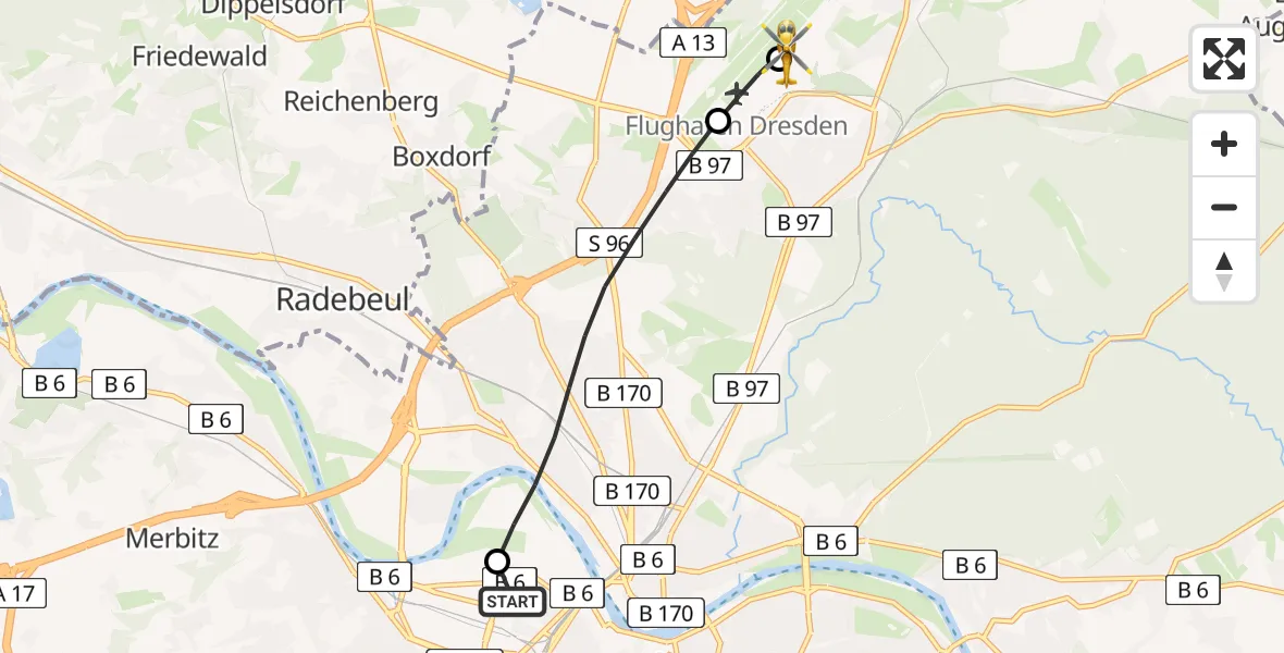 Flugroute Rettungshubschrauber Dresden Friedrichstadt Hospital - Dresden Bundespolizei Hubschrauberlandeplatz, 06 April 2026, 12:12