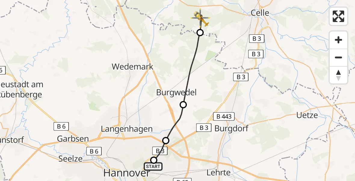 Flugroute Rettungshubschrauber Hannover Luftrettung Hubschrauberlandeplatz (Christoph 4) - Hambühren, 06 April 2026, 12:24