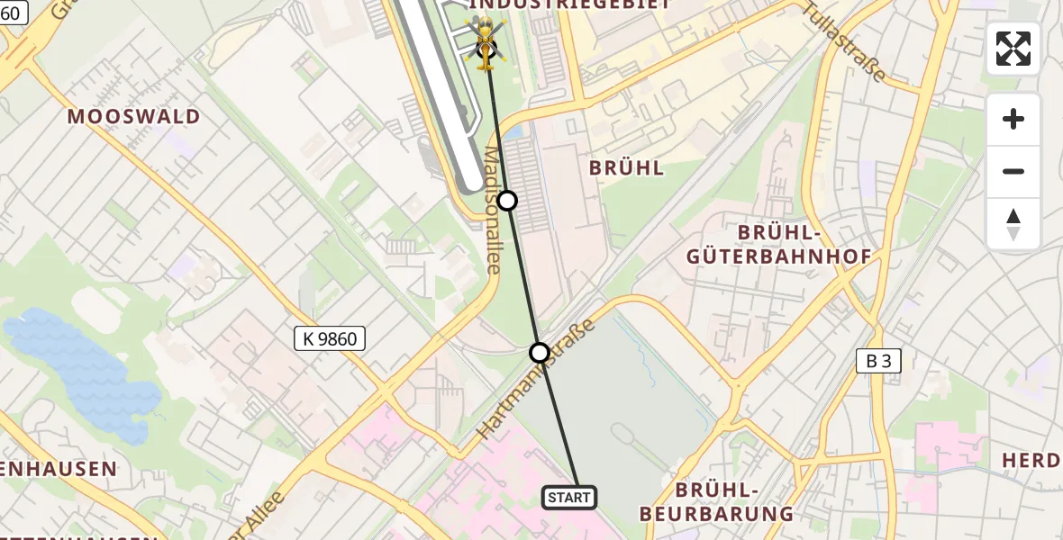Routekaart van de vlucht: Rettungshubschrauber nach Freiburg im Breisgau Flugplatz
