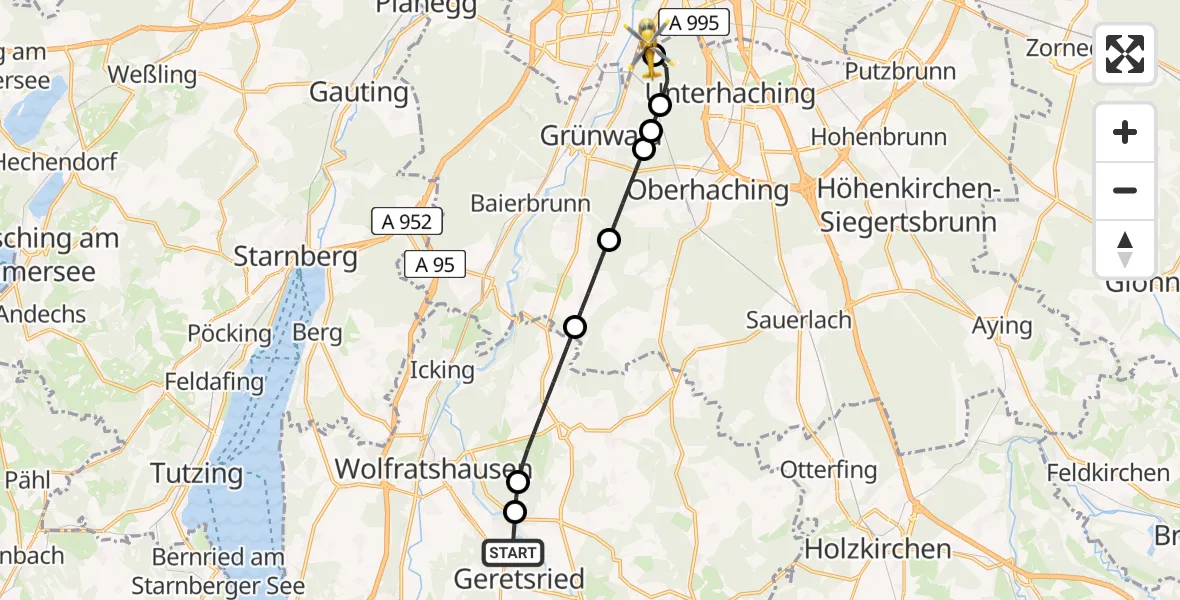 Flugroute Rettungshubschrauber Geretsried - ADAC Air Rescue Center Hubschrauberlandeplatz (Christoph 1), 06 April 2026, 12:37
